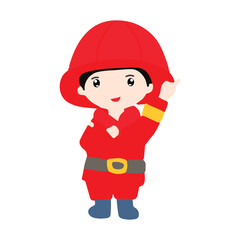 Vector illustration of character firefighter. Firefighters cartoon characters in protective uniform at work big set isolated on white background. Kawaii fire figter character
