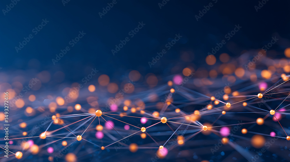 Poster abstract network connections with colorful nodes on a dark backdrop, symbolizing connectivity and te
