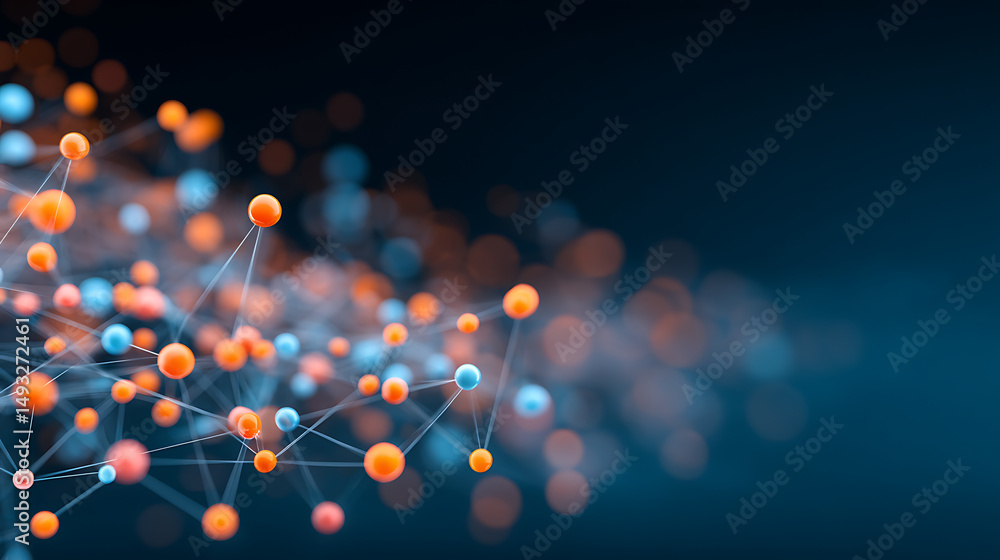 Poster abstract network connections with colorful nodes on a dark backdrop, symbolizing connectivity and te