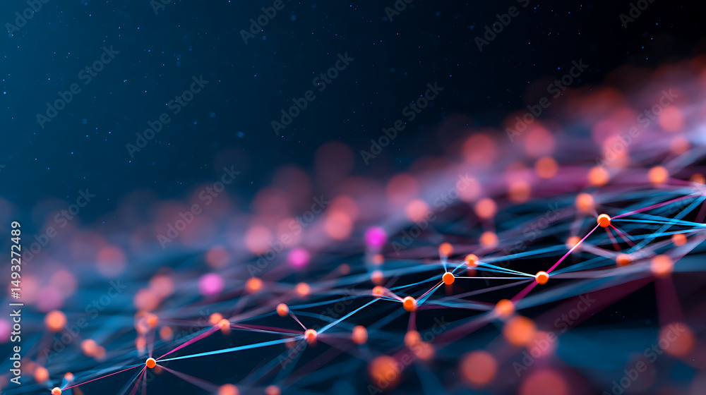 Poster abstract network connections with colorful nodes on a dark backdrop, symbolizing connectivity and te