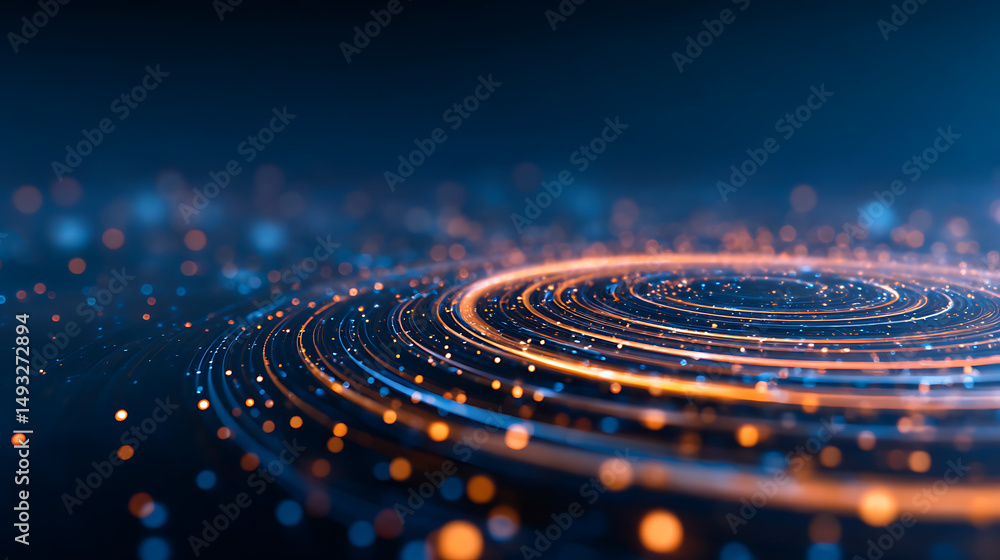 Poster an abstract digital geometric pattern with warm glowing lines on a dark background, conveying a conc