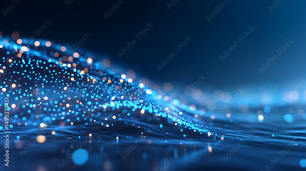Poster a dynamic pattern of glowing blue dots forming a wave, set against a dark backdrop, illustrating a d
