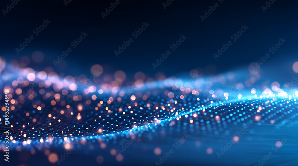 Poster a dynamic pattern of glowing blue dots forming a wave, set against a dark backdrop, illustrating a d