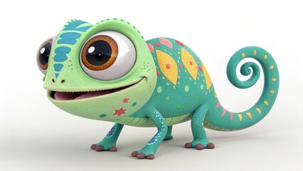 Fototapeta premium Cartoon chameleon with colorful skin on a branch, space below for message.