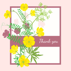 
Vector thank you card with a variety of wild flowers. Floral background, greeting card.