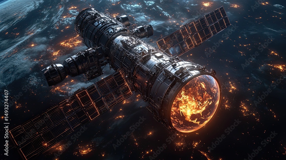 Poster space station and global network concept. wide angle visual background. planet hologram in spaceship