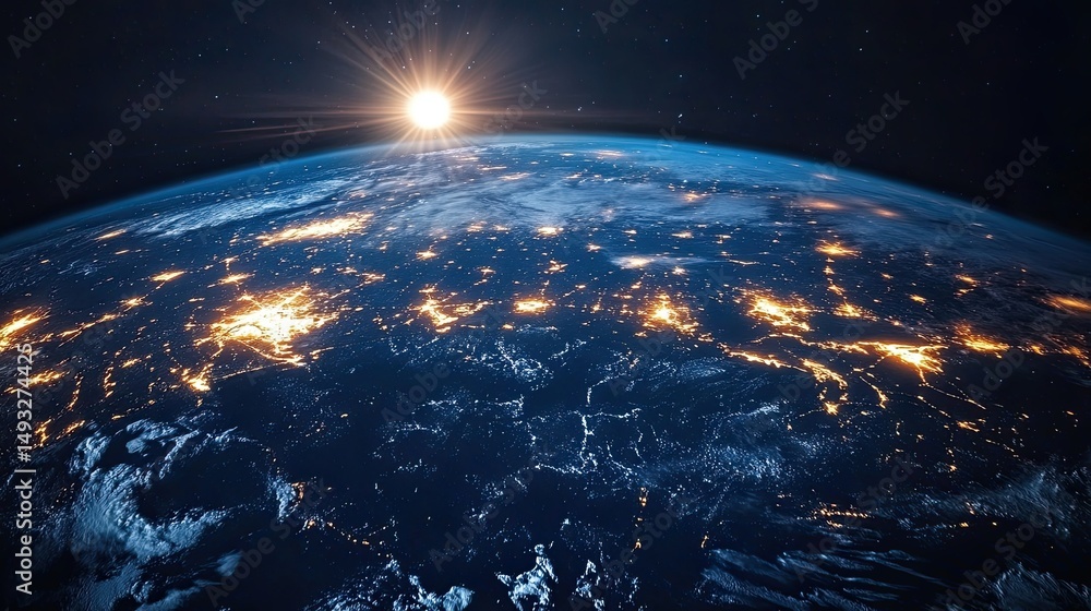 Poster space station and global network concept. wide angle visual background. planet hologram in spaceship