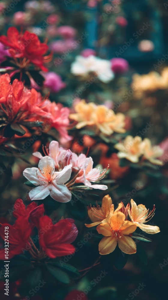 Poster colorful azalea blooms displaying vivid hues in garden setting close up view capturing delicate peta