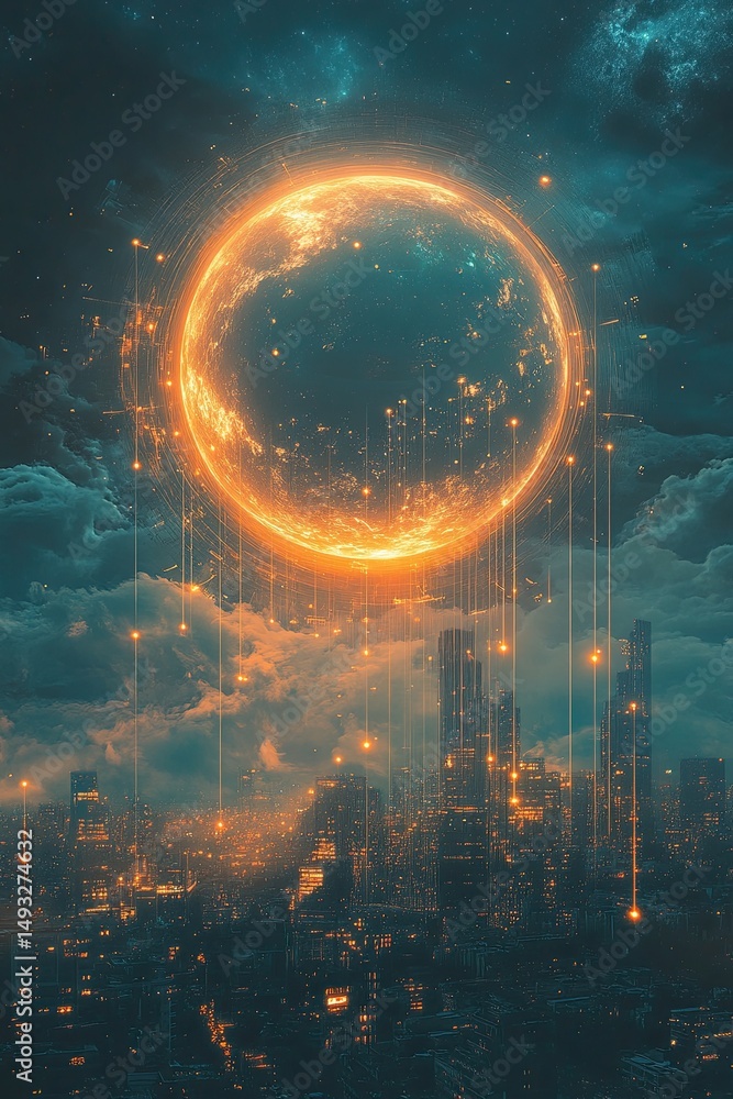 Poster space station and global network concept. wide angle visual background. planet hologram in spaceship
