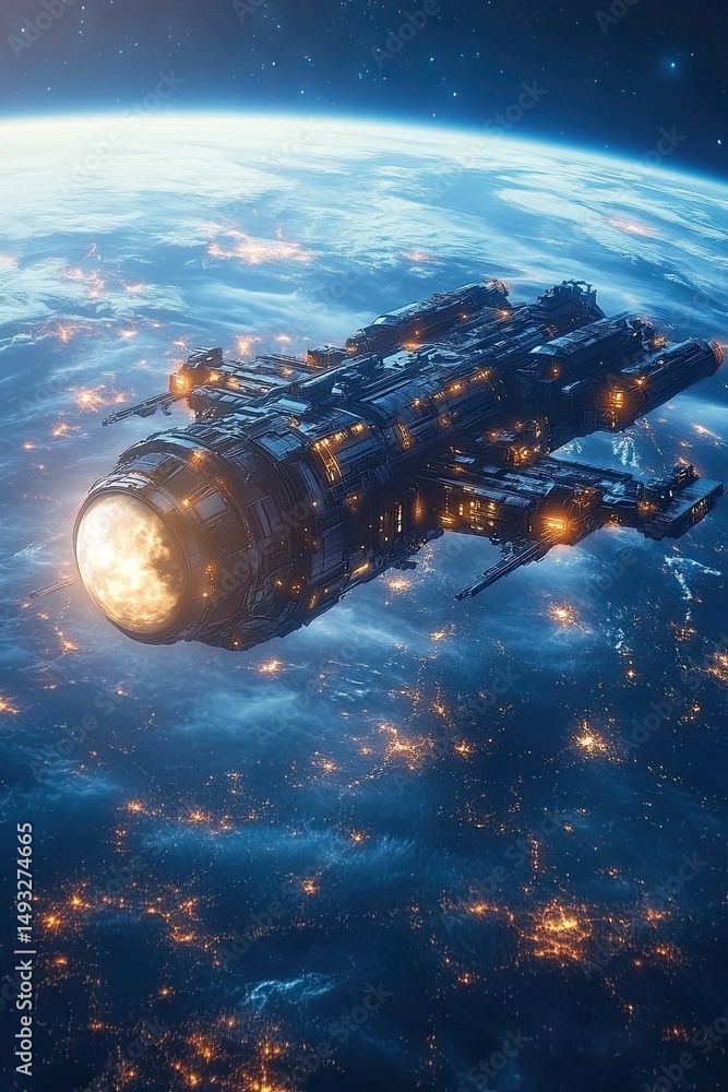 Poster space station and global network concept. wide angle visual background. planet hologram in spaceship