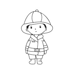 Line handrwan black and white coloring book. Kids wearing fire fighter doodles element