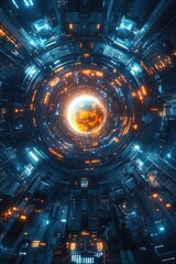 Space station and global network concept. Wide angle visual background. Planet hologram in spaceship.