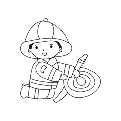 Line handrwan black and white coloring book. Kids wearing fire fighter doodles element