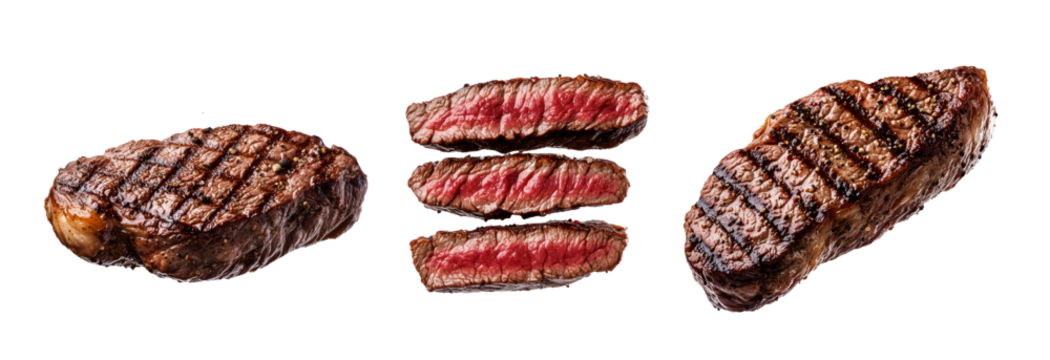 Medium rare sirloin beef steak slices showcasing juicy interiors isolated on white transparent background. Concept of steakhouse cuisine and cooked meat