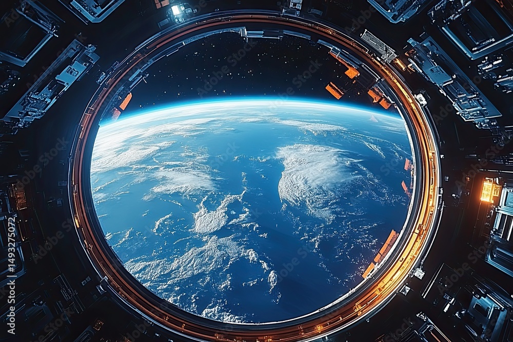 Wall mural view from the window to the planet earth from the space station. large window. 3d rendering