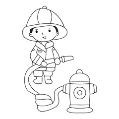 Line handrwan black and white coloring book. Kids wearing fire fighter doodles element