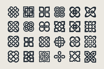 Celtic and Tribal Knot Symbols Vector Set. Black Thick-Line Ornaments with Loops, Crosses, Floral and Geometric Motifs Vector Illustration.