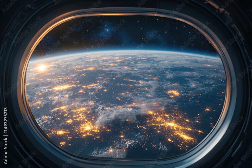 Wall mural view from the window to the planet earth from the space station. large window. 3d rendering