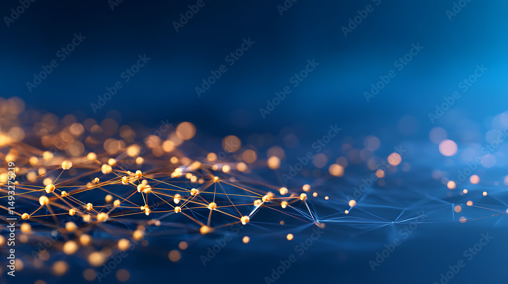 Poster abstract digital dots and lines on a dark blue background, depicting data connectivity, generative a