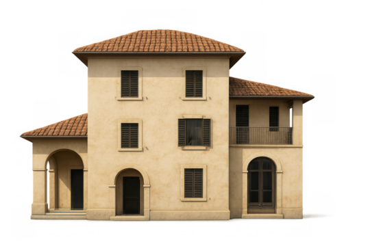 Architectural render of spacious tuscan villa, featuring clay roof, stone arches, balcony, standing against transparent backdrop