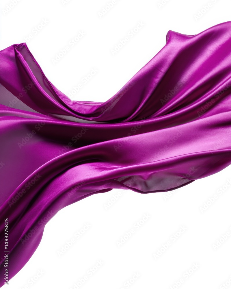 Poster flowing purple fabric on white background creating dynamic curves and folds in studio shot for desig