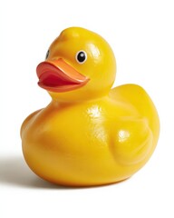 A bright yellow rubber ducky, a classic bath toy, sits against a clean white background.  Perfect for playful images!