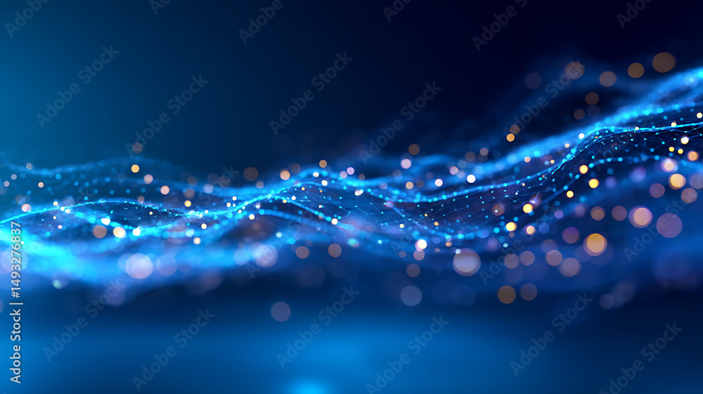 Aufkleber blue particle wave design on a dark digital background, representing modern virtual technology. 3d r