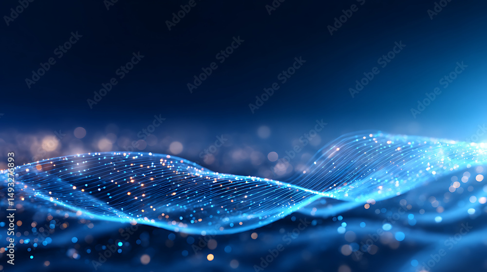 Poster blue particle wave design on a dark digital background, representing modern virtual technology. 3d r