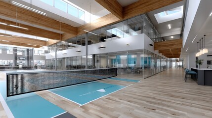 Modern, open-plan office with pickleball court, glass walls, and natural light