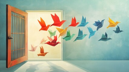 An illustration of colorful paper birds flying from a broken cage, symbolizing freedom from past trauma