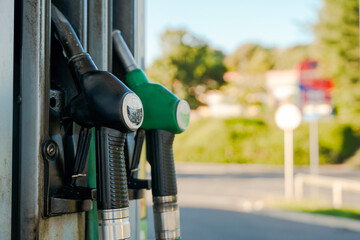 Modern gas station with diesel and petrol nozzles, capturing the essence of fuel supply for...