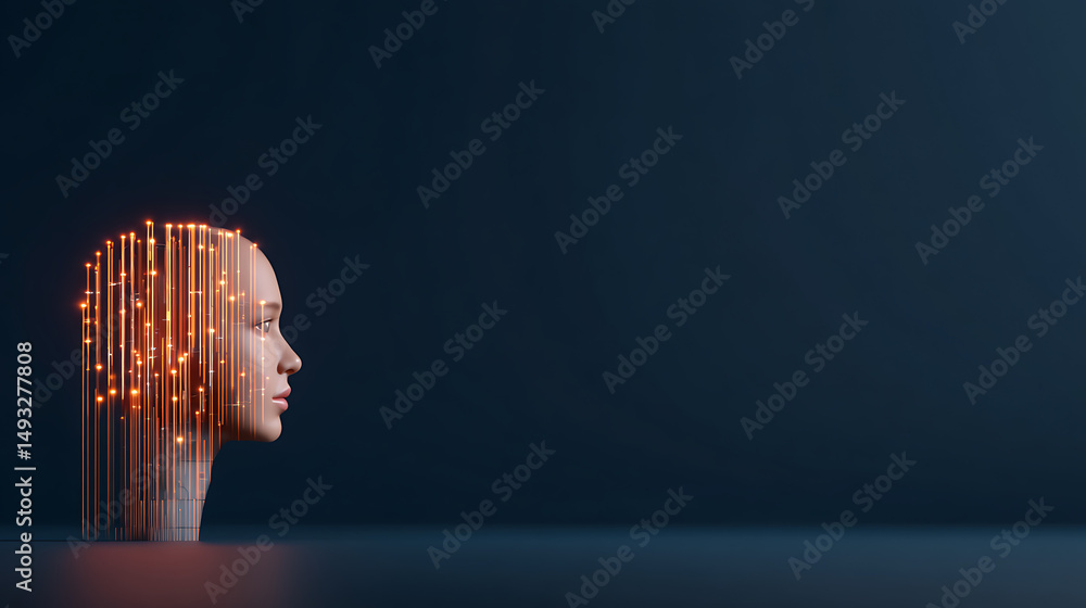Poster glowing robot head symbol with neon orange lights on dark background. 3d rendering 62297027 4