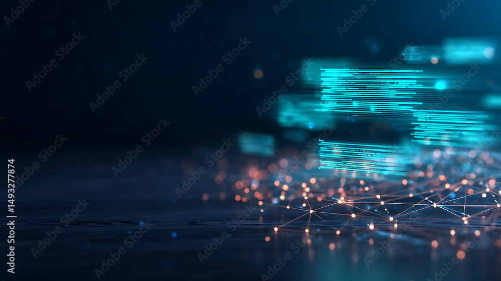 Aufkleber chat bot text in glowing turquoise pixel style on dark background with connecting digital lines and 