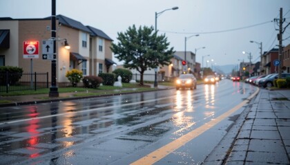 Fototapeta premium raindrops falling on a wet street during a rainstorm, position the subject on the right side of the image, leaving ample copy space on the left for text overlays.