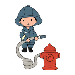 illustration of firefighter carrying a roll of water hose and many poses