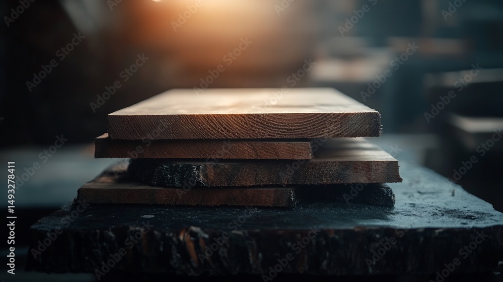 Poster rustic lumber stack displaying textures and tones for artisanal crafting and design