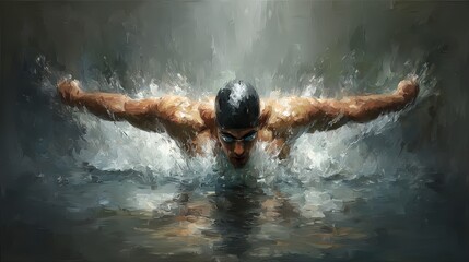 Watercolor Depiction Of A Focused Swimmer Executing A Powerful Stroke