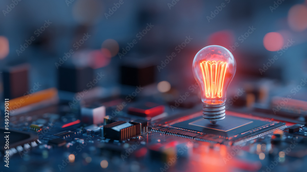 Poster glowing neon lightbulb symbol on a futuristic digital circuit board background. 3d rendering 1546147