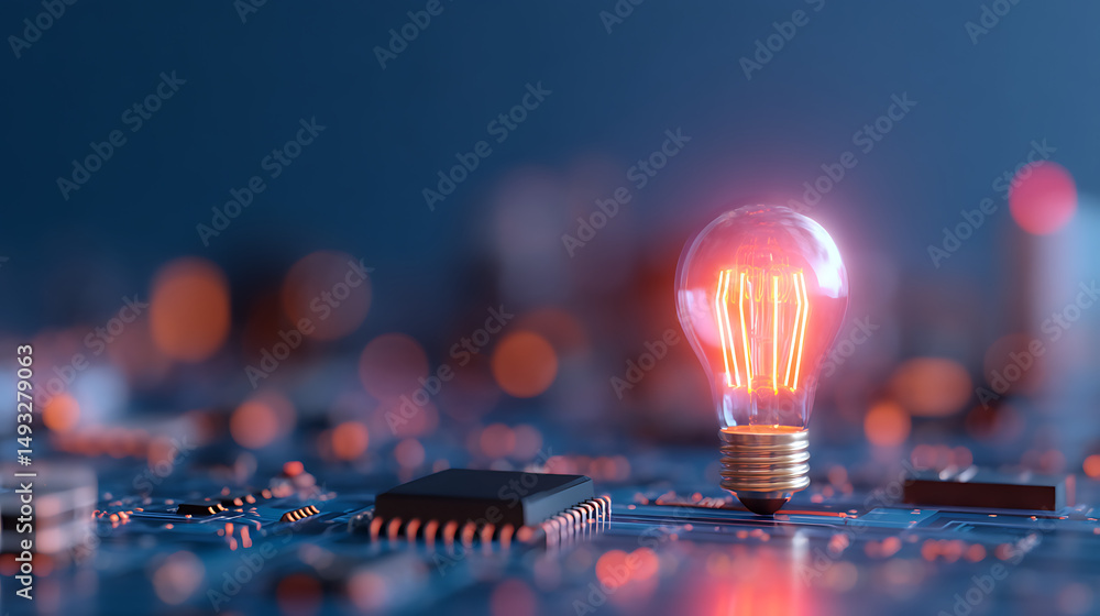 Poster glowing neon lightbulb symbol on a futuristic digital circuit board background. 3d rendering 5971968