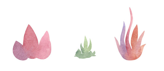 Set of plants, grass, greenery, cartoon watercolor