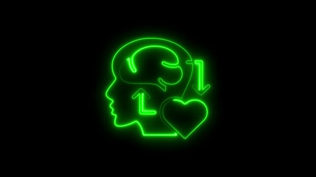 Glowing neon human head brain and heart symbols representing emotional intelligence