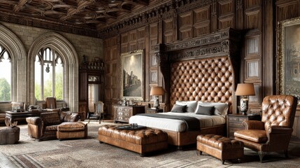 Fototapeta premium Elegant Brown Leather Bedroom Suite with Architectural Windows