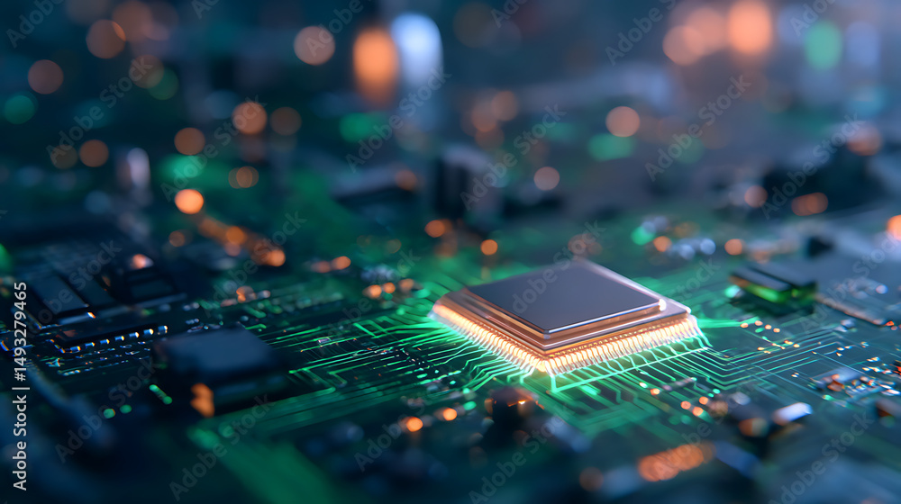 Poster futuristic esim chip glowing with neon green circuit design on a dark digital background. concept of