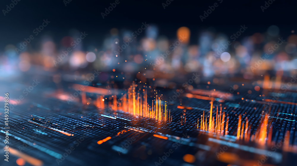 Aufkleber futuristic digital interface showcasing glowing data metrics and network connections on a dark abstr