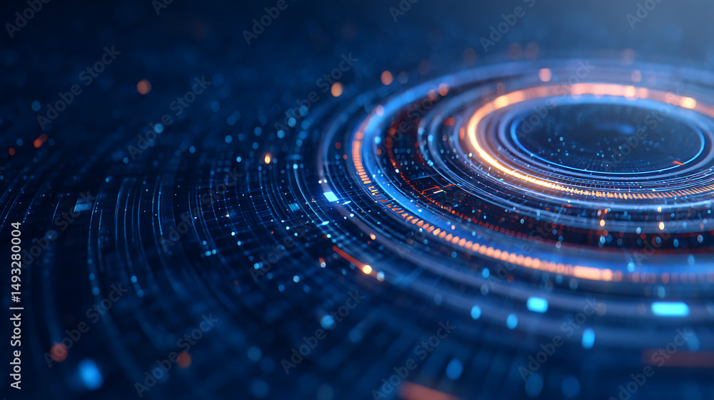 Poster futuristic glowing blue digital interface with circular design on dark space background. 3d renderin