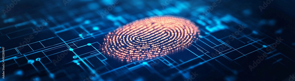 Poster digital fingerprint representation showcasing advanced biometric technology on a futuristic circuit 