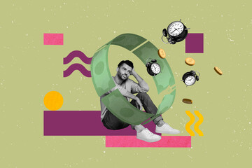 Picture creative collage of person sit sad on green background with circle banknotes clock coins
