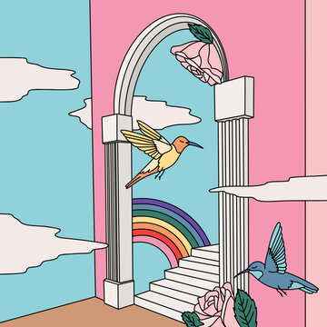 Magical Dreamy Haven Garden with Rainbow, Pink Arches, Colorful Flying Hummingbirds and Roses in a Clear Blue Sky Background