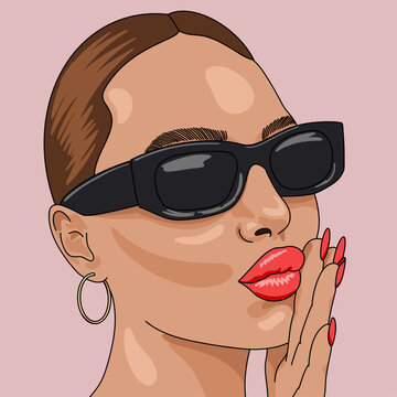 Brunette Woman with Long Red Nails, Red Lips, Sunglasses, Sleek Hair and Hoop Earrings