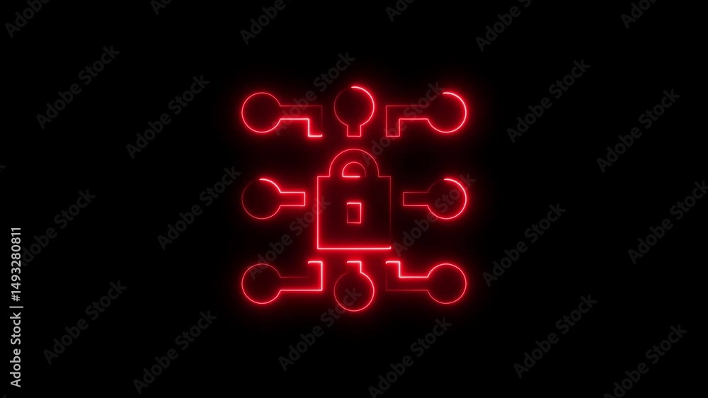 Poster glowing neon red security lock icon representing data encryption and protection
